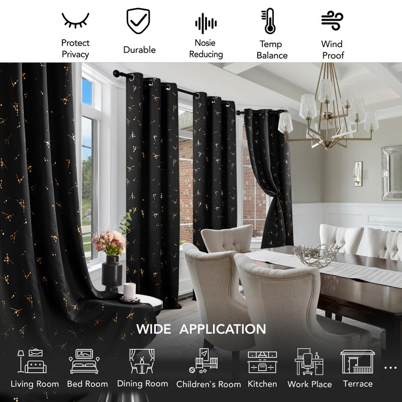 Deconovo Blackout Curtains 2 Panels for Bedroom and Living Room, Gold Foil Floral Branch and Dots, Thermal Insulated Room Darkening Grommet Window Drapes for Nursery, Black, 42W x 84L Inch - Image 5